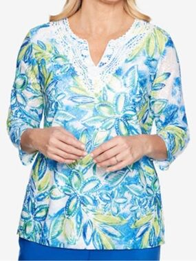 Alfred Dunner Waikiki Print Lace and Crochet 3/4 Sleeve Top